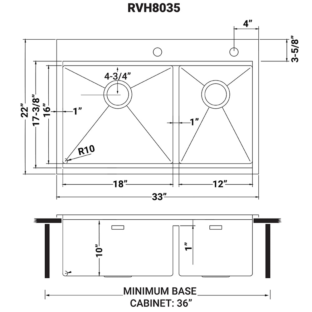 33 x 22 inch Workstation Drop - in 60/40 Double Bowl Topmount Tight Radius 16 Gauge Stain - BUILDMYPLACE