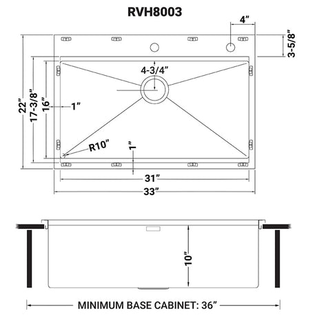 33 x 22 inch Workstation Ledge Drop - in Tight Radius 16 Gauge Stainless Steel Kitchen Sink Single Bowl - BUILDMYPLACE