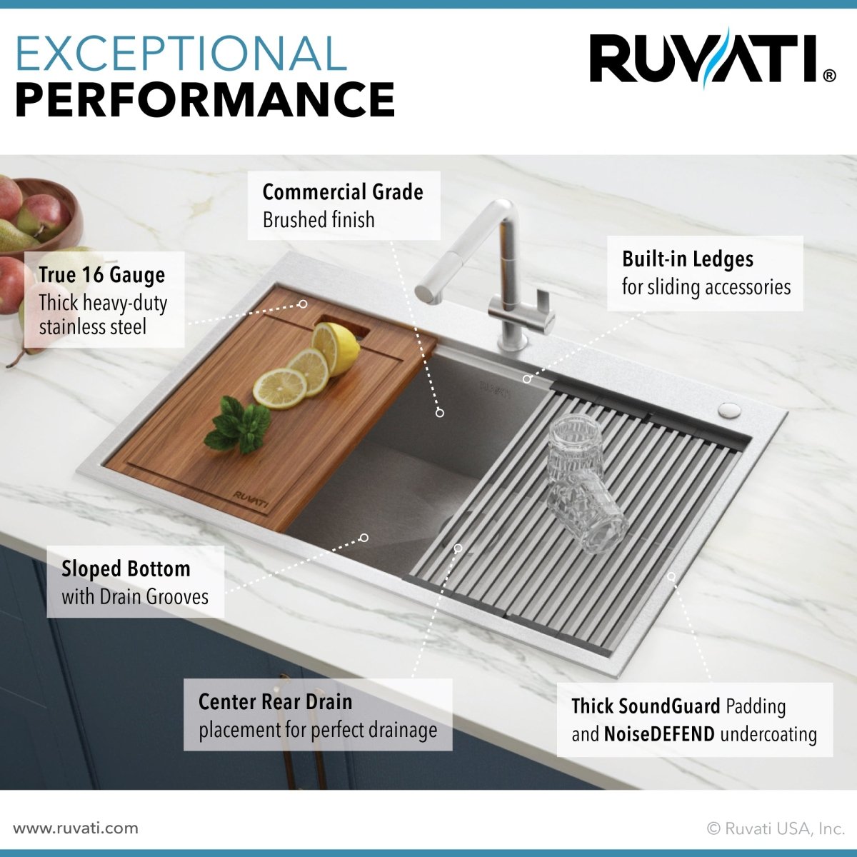 33 x 22 inch Workstation Ledge Drop - in Tight Radius 16 Gauge Stainless Steel Kitchen Sink Single Bowl - BUILDMYPLACE