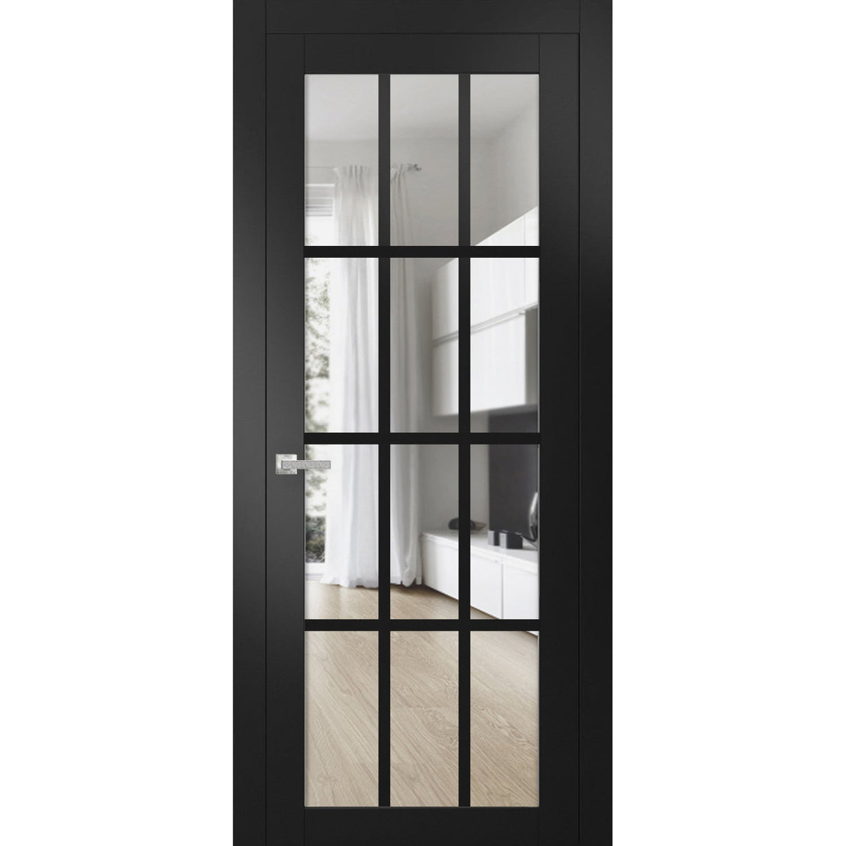 Solid Interior French | Felicia 3355 Matte Black with Clear Glass | Single Regular Panel Frame Trims Handle | Bathroom Bedroom Sturdy Doors