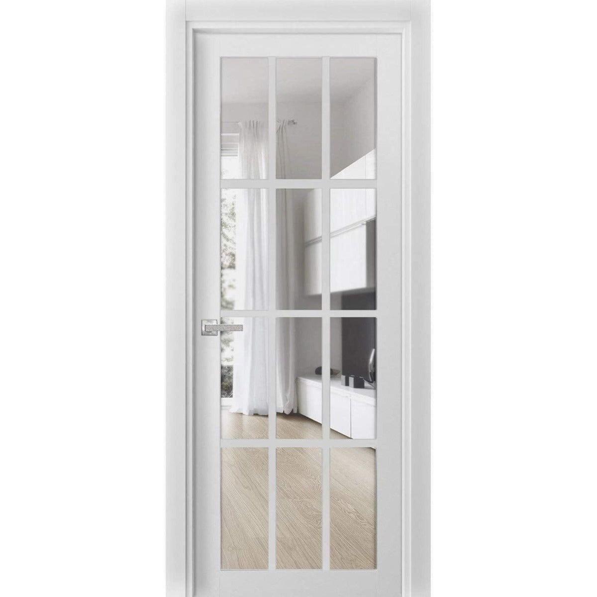 Solid French Door Clear Glass 12 lites | Felicia 3355 White Silk | Single Regular Panel Frame Trims Handle | Bathroom Bedroom Sturdy Doors