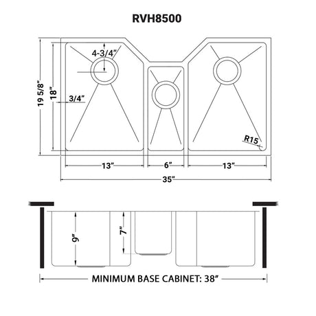 35" Triple Bowl Undermount 16 Gauge Stainless Steel Kitchen Sink - RVH8500 - BUILDMYPLACE