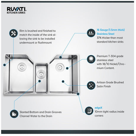 35" Triple Bowl Undermount 16 Gauge Stainless Steel Kitchen Sink - RVH8500 - BUILDMYPLACE