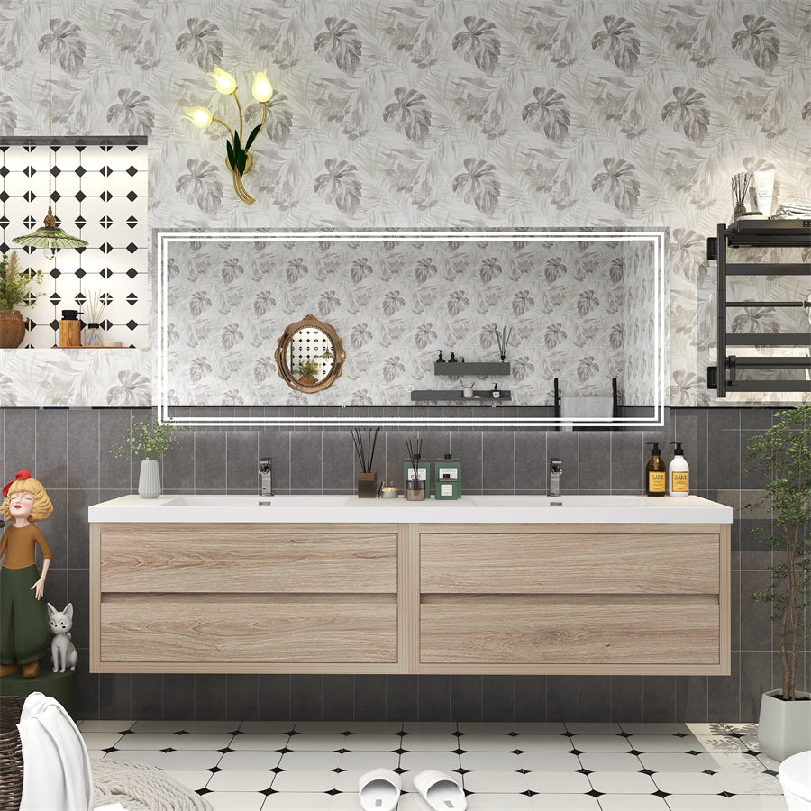 Louis 84 In. Floating Double Sink Bathroom Vanity Cabinet with Acrylic Sink Top & Soft Closing Drawers