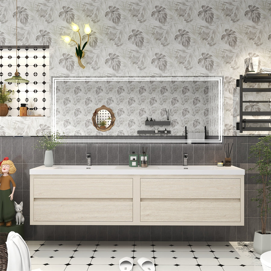 Louis 84 In. Floating Double Sink Bathroom Vanity Cabinet with Acrylic Sink Top & Soft Closing Drawers
