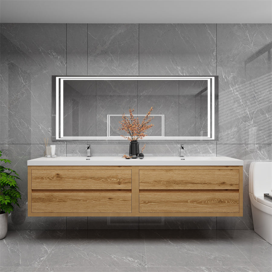 Louis 84 In. Floating Double Sink Bathroom Vanity Cabinet with Acrylic Sink Top & Soft Closing Drawers