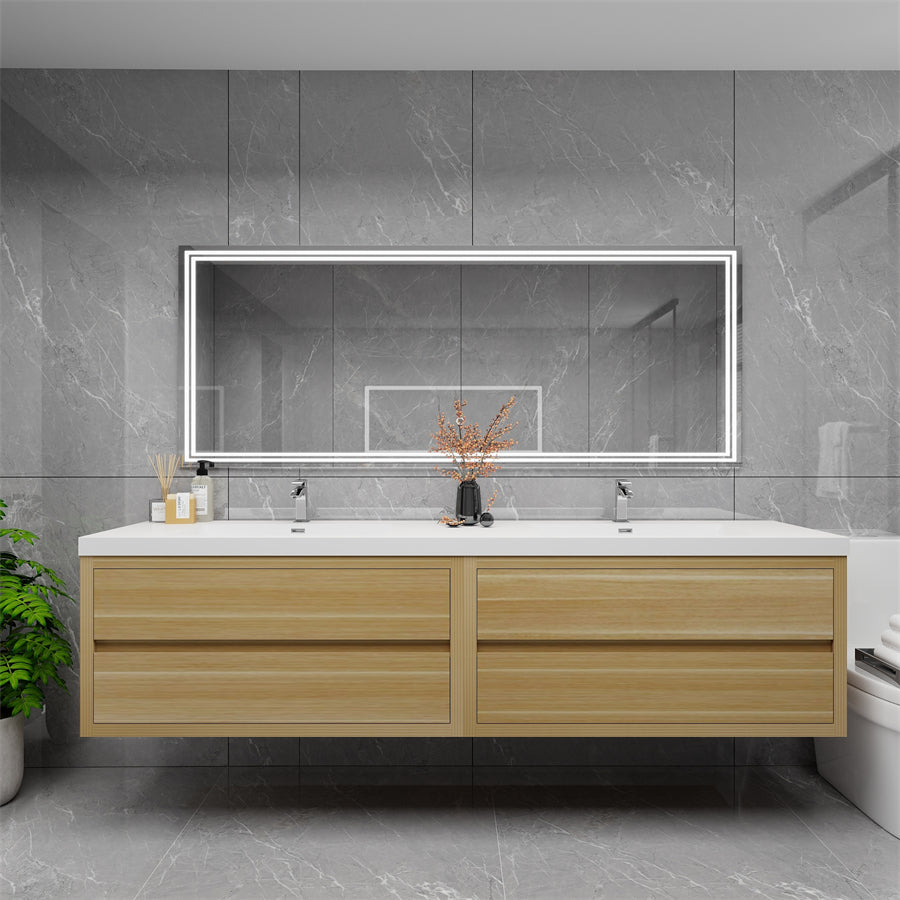 Louis 84 In. Floating Double Sink Bathroom Vanity Cabinet with Acrylic Sink Top & Soft Closing Drawers