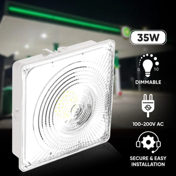 35W LED Canopy Light: 5700K Daylight, 4550LM, IP65 Waterproof, 0-10V Dimmable - Suitable for Surface or Pendant Mounting in Gas Stations, Outdoor Areas, White