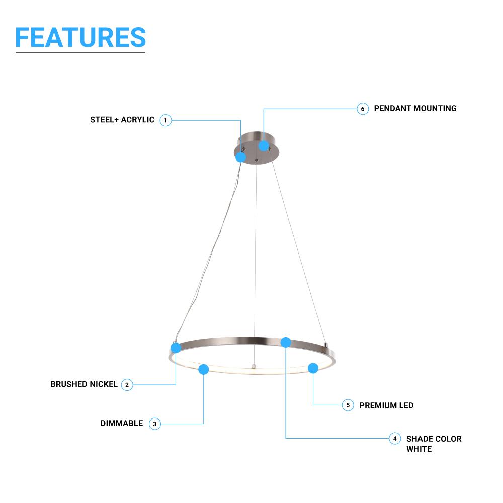 35W Brushed Nickel Finish and White Acrylic Shade - LED Round Pendant Light, 3000K (Warm White), 2000 Lumens - ETL Listed - BUILDMYPLACE