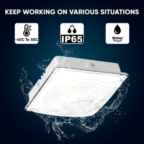 35W LED Canopy Light: 5700K Daylight, 4550LM, IP65 Waterproof, 0 - 10V Dimmable - Suitable for Surface or Pendant Mounting in Gas Stations, Outdoor Areas, White - BUILDMYPLACE