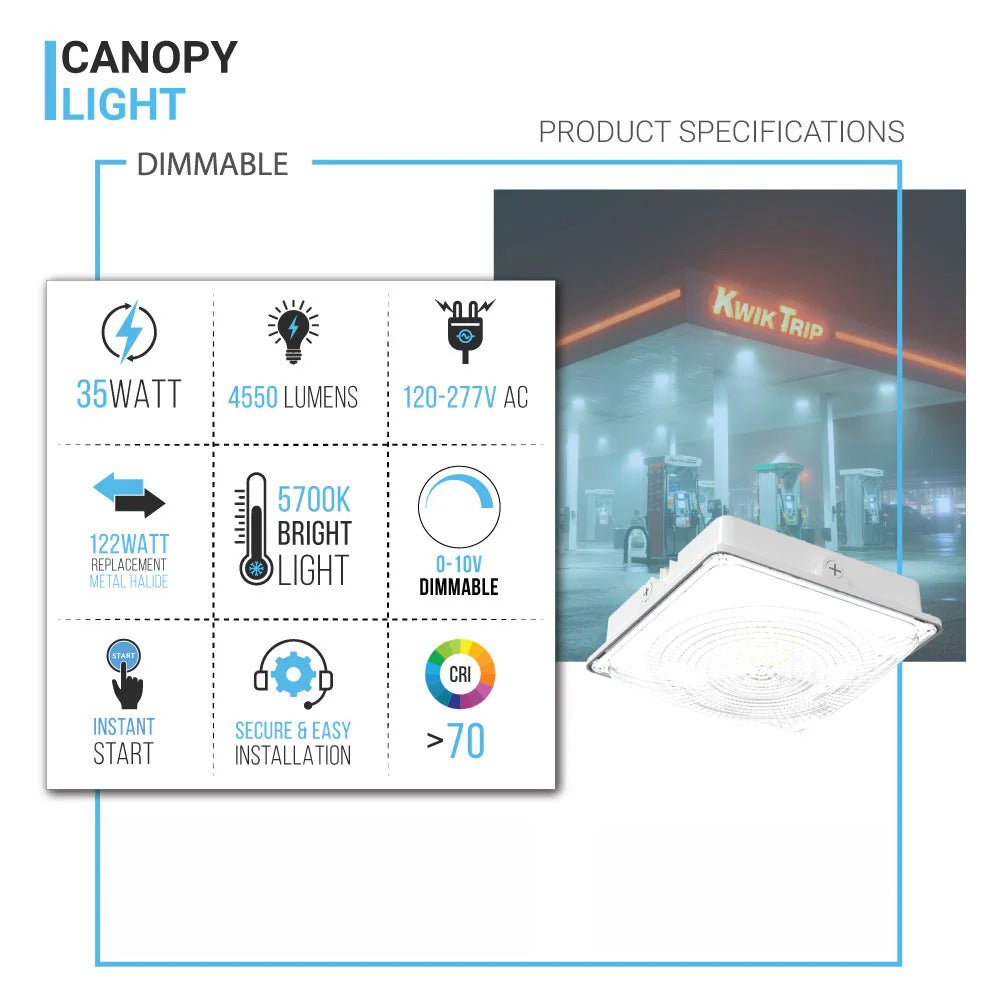 35W LED Canopy Light: 5700K Daylight, 4550LM, IP65 Waterproof, 0 - 10V Dimmable - Suitable for Surface or Pendant Mounting in Gas Stations, Outdoor Areas, White - BUILDMYPLACE