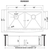 36" Apron - front Workstation Low - Divide Double Bowl 50/50 Farmhouse Kitchen Sink 16 Gauge - BUILDMYPLACE