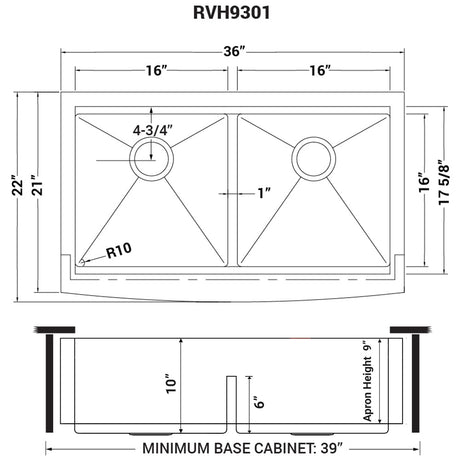 36" Apron - front Workstation Low - Divide Double Bowl 50/50 Farmhouse Kitchen Sink 16 Gauge - BUILDMYPLACE