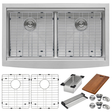 36" Apron - front Workstation Low - Divide Double Bowl 50/50 Farmhouse Kitchen Sink 16 Gauge - BUILDMYPLACE