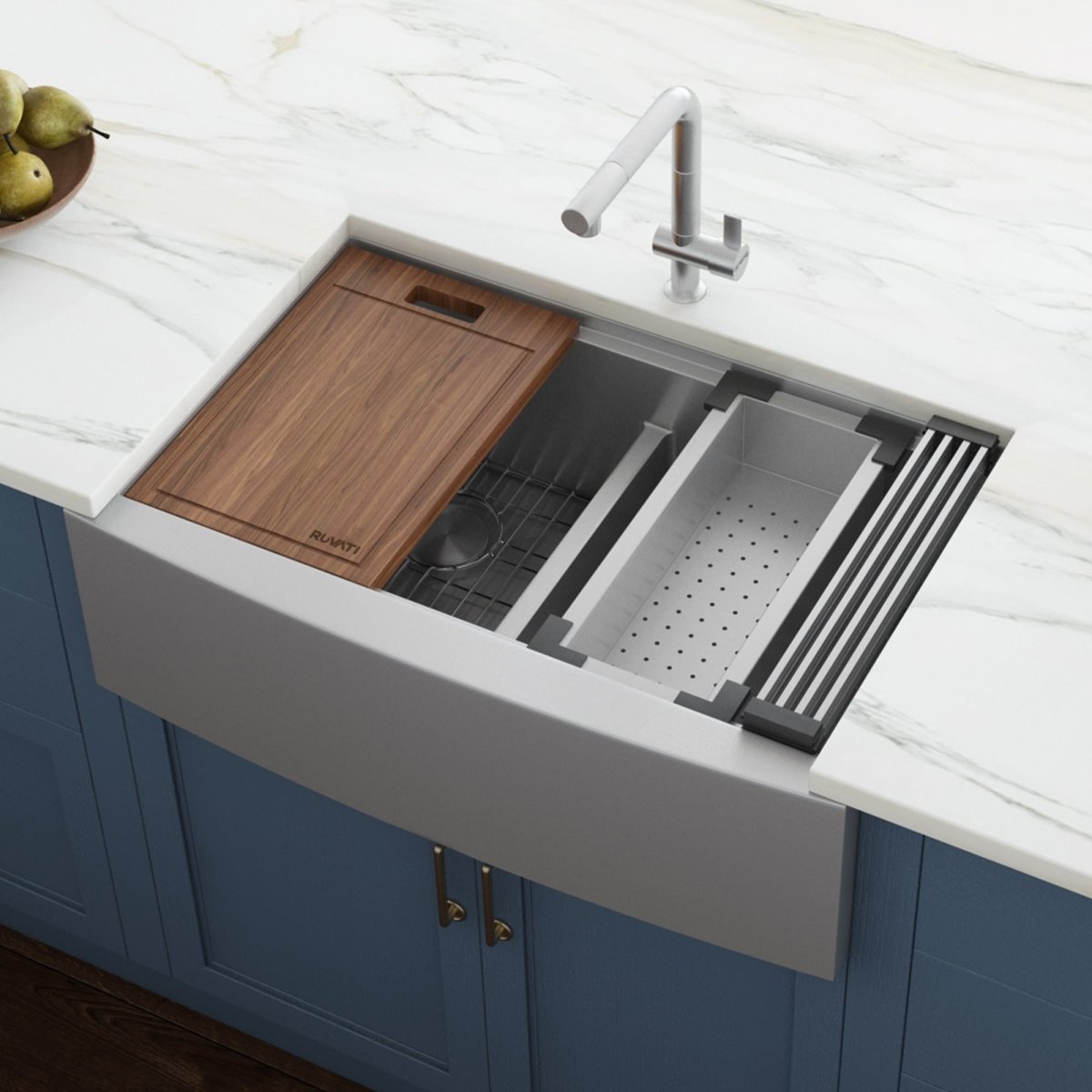 36" Apron - front Workstation Low - Divide Double Bowl 50/50 Farmhouse Kitchen Sink 16 Gauge - BUILDMYPLACE