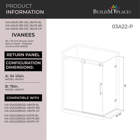 36 In. W x 76 In. H Shower Door Return Panel - 8mm Clear Tempered Glass - BUILDMYPLACE