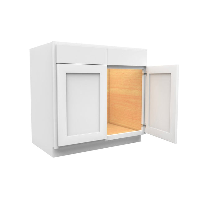 36 Inch Wide 2 Drawer Sink Base Vanity Cabinet - Luxor White Shaker - Ready To Assemble, 36"W x 34.5"H x 21"D - BUILDMYPLACE