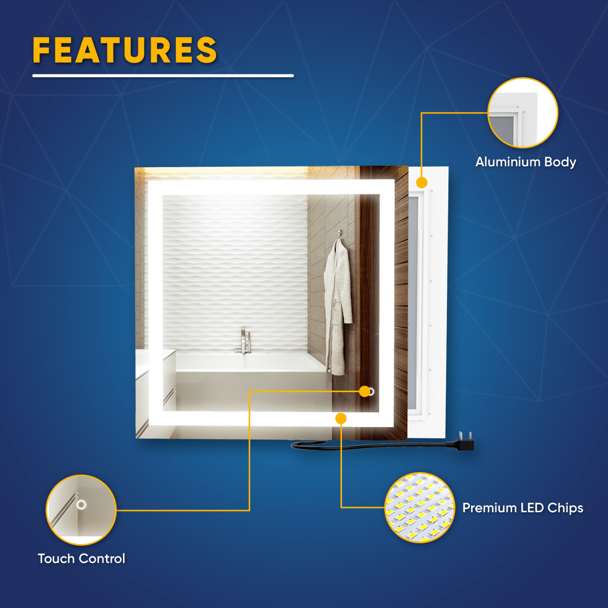 36 x 36 Inch LED Light Bathroom Vanity Mirror, Inner Window Style Lighted Vanity Mirror Includes Defogger Touch Switch Controls - BUILDMYPLACE