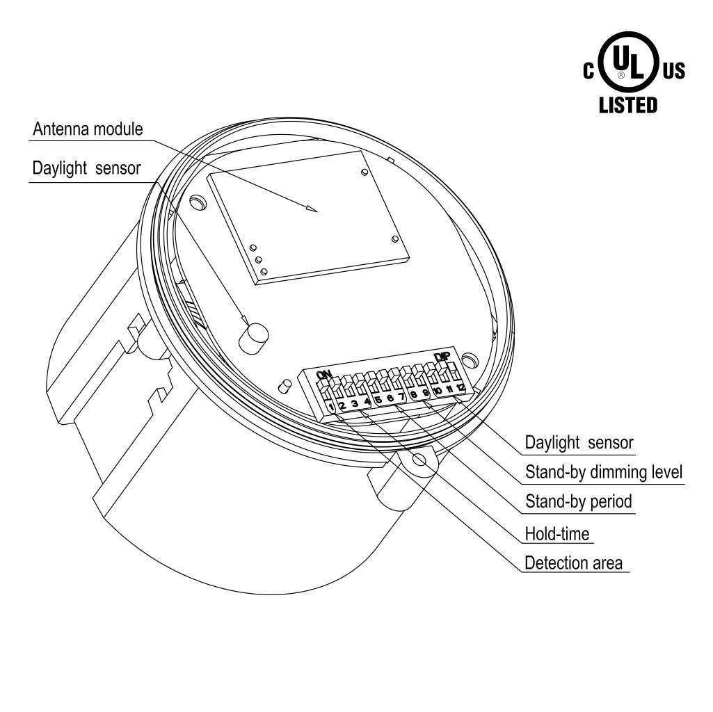 360° 3 Step Dimming Motion & Daylight Sensor for Linear High bay - 49ft max height - Frosted - BUILDMYPLACE