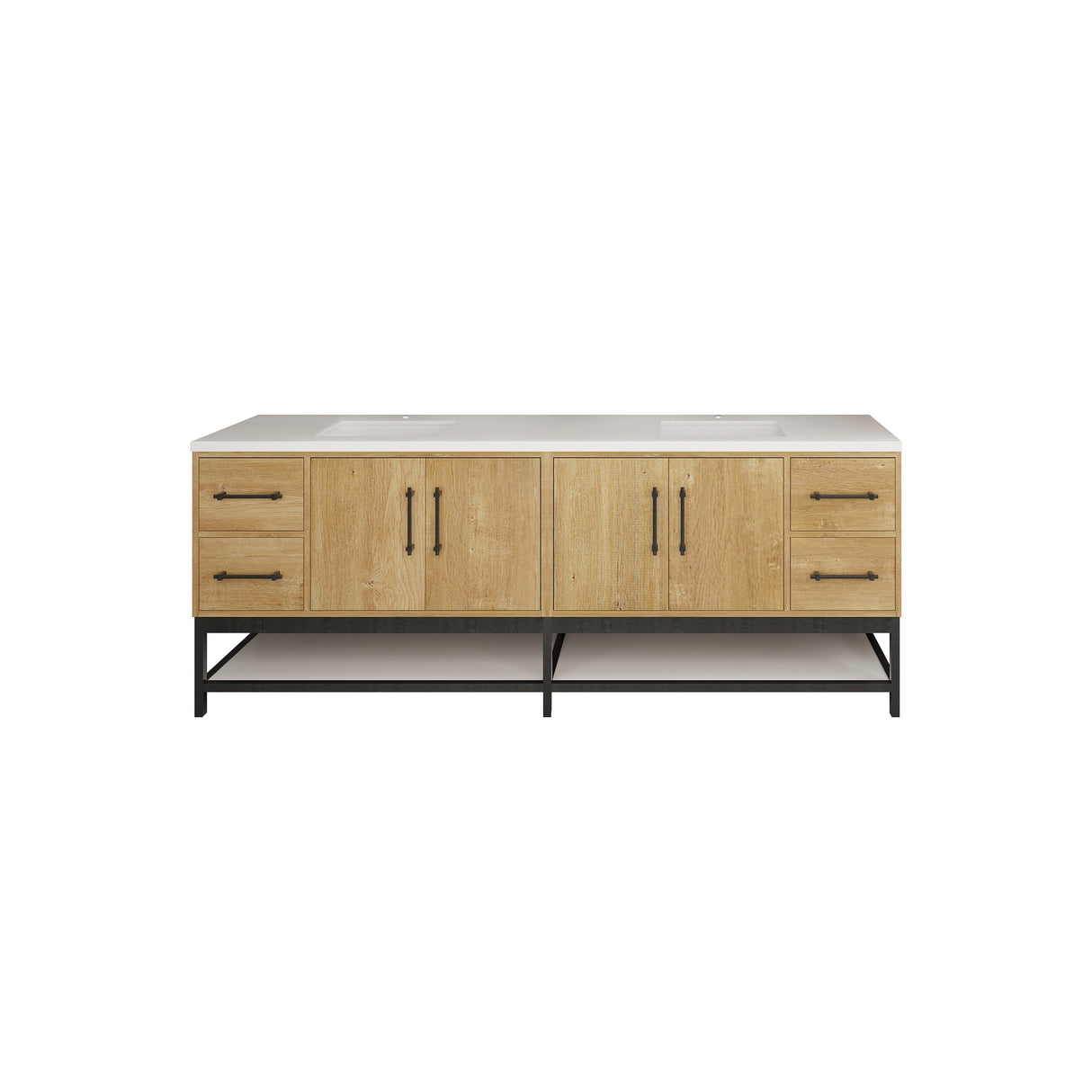 Victoria 84 In. Freestanding Double Sink Bathroom Vanity with Acrylic Sink Top, Open Shelf Storage & Soft Closing Doors & Drawers