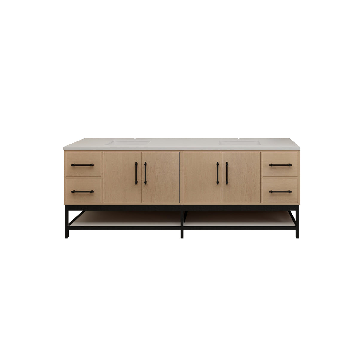Victoria 84 In. Freestanding Double Sink Bathroom Vanity with Acrylic Sink Top, Open Shelf Storage & Soft Closing Doors & Drawers