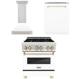 ZLINE Autograph Edition 30 in. Kitchen Package with Stainless Steel Dual Fuel Range with White Matte Door, Range Hood and Dishwasher with Polished Gold Accents (3AKP-RAWMRHDWM30-G)
