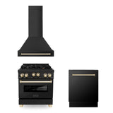 ZLINE 30" Autograph Edition Kitchen Package with Black Stainless Steel Gas Range, Range Hood and Dishwasher with Polished Gold  Accents (3AKP-RGBRHDWV30-G)