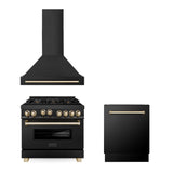 ZLINE 36" Autograph Edition Kitchen Package with Black Stainless Steel Gas Range, Range Hood and Dishwasher with Polished Gold  Accents (3AKP-RGBRHDWV36-G)