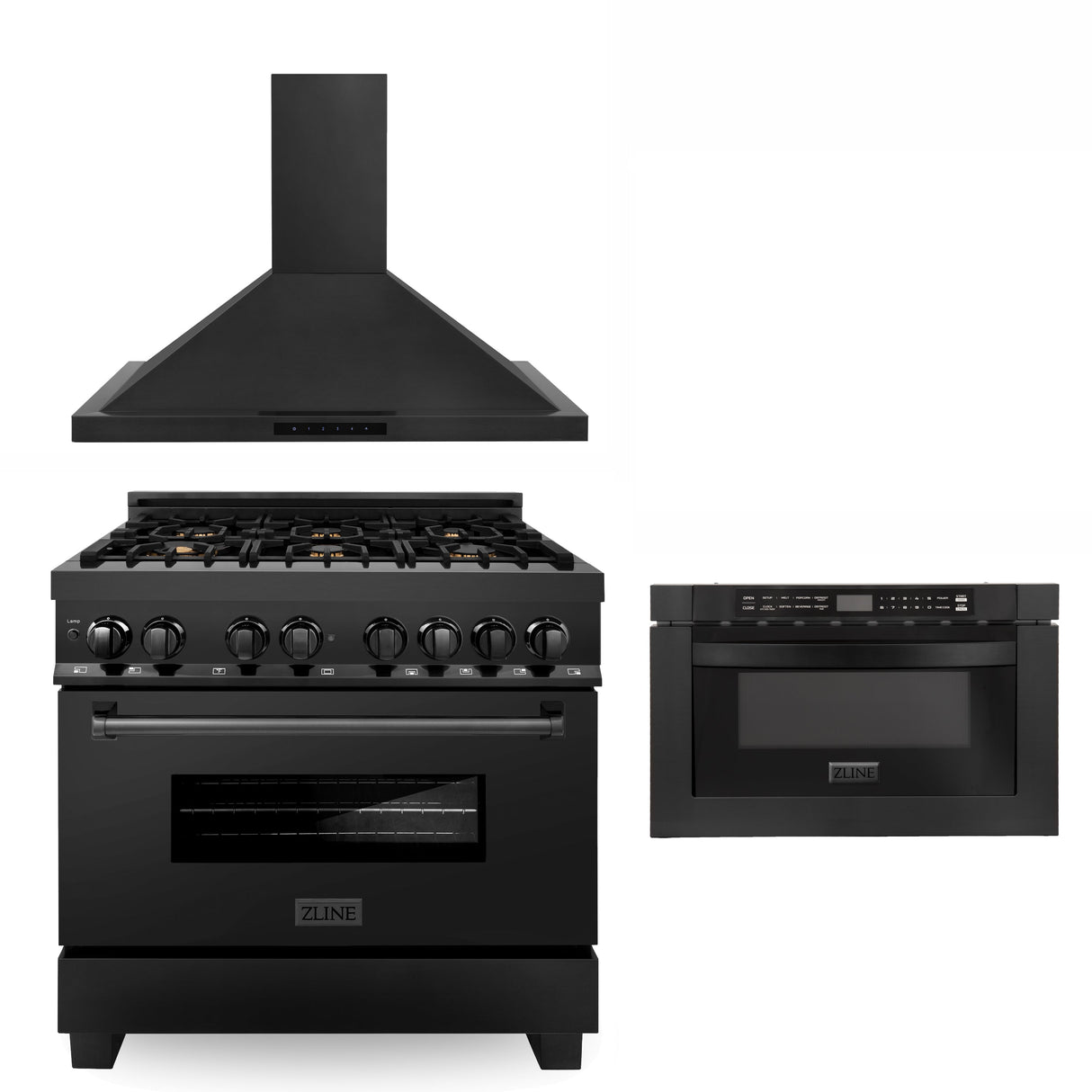 ZLINE 36 in. Kitchen Package with Black Stainless Steel Dual Fuel Range, Convertible Vent Range Hood and Microwave Drawer (3KP-RABRH36-MW)