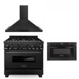 ZLINE 36 in. Kitchen Package with Black Stainless Steel Dual Fuel Range, Convertible Vent Range Hood and Microwave Drawer (3KP-RABRH36-MW)