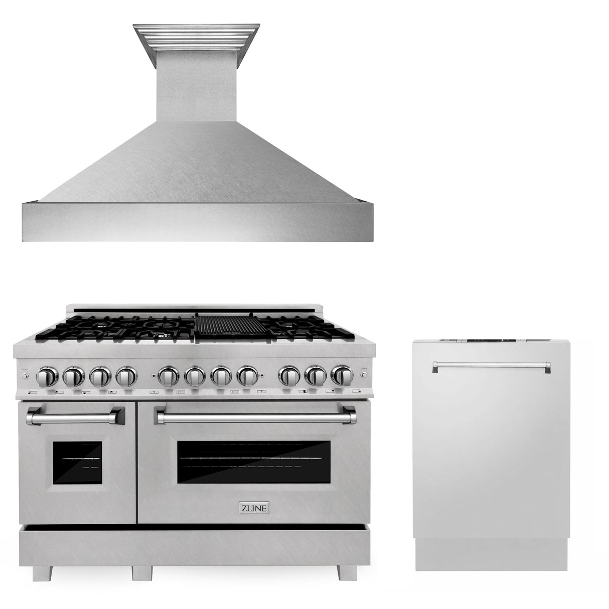 ZLINE 48 in. Kitchen Package with Satin Stainless Dual Fuel Range, Ducted Vent Range Hood and Dishwasher