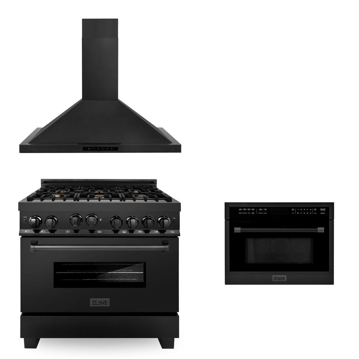 ZLINE 36" Kitchen Package with Black Stainless Steel Gas Range, Convertible Vent Range Hood and 24" Microwave Oven (3KP-RGBRHMWO-36)