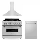 ZLINE 36 in. Kitchen Package with Stainless Steel Gas Range, Convertible Vent Range Hood and Tall Tub Dishwasher(3KP-RGRH36-DWV)