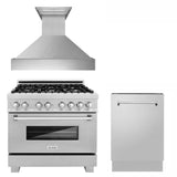 ZLINE 36 in. Kitchen Package with DuraSnow Stainless Steel Gas Range, Ducted Range Hood and Dishwasher(3KP-RGSRH36-DWV)