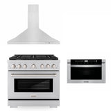 ZLINE 36" Kitchen Package with Stainless Steel Gas Range, Convertible Vent Range Hood and Microwave Drawer (3KP-SGRRH36-MW)