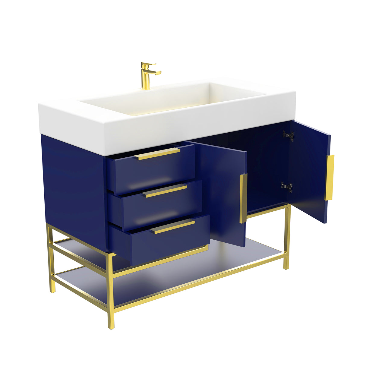 Blossom Freestanding Bathroom Vanity With Acrylic Sink, Drawers, Open Shelf Storage & Gold Hardware & Frame