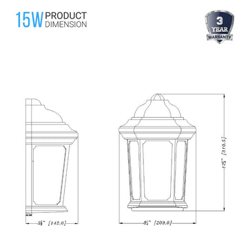 15W LED Outdoor Wall Sconce lighting Fixtures, 5000K (Daylight White), Textured Black Finish, 800 Lumens, ETL Listed