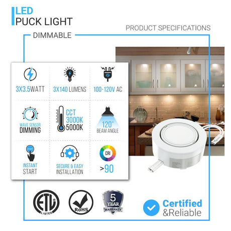 3Pc Hardwired Under Cabinet Puck Lighting Kit - 3x3.5 Watts - 420 Lumens - White Trim - BUILDMYPLACE