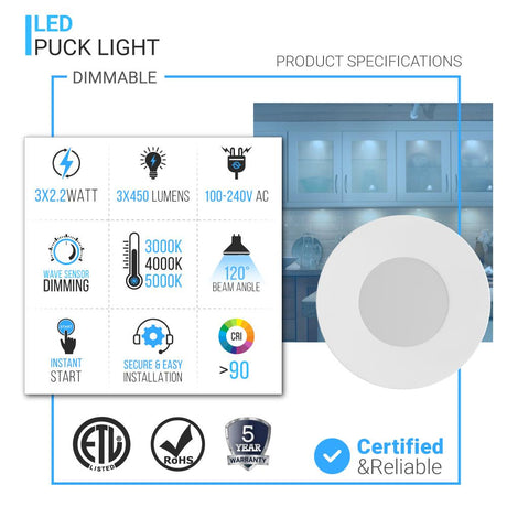 3Pc Magnetic Under Cabinet Puck Lighting Kit W/ 12V Adaptor - Touch Dimmer - 3x2.2 Watts - BUILDMYPLACE