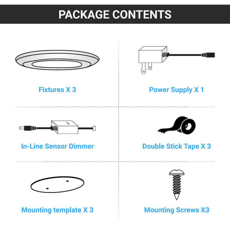 3Pc Slim Under Cabinet Puck Lighting Kit W/ 12V Adaptor - Wave Sensor Dimming - 3x3.5 Watts - White - BUILDMYPLACE