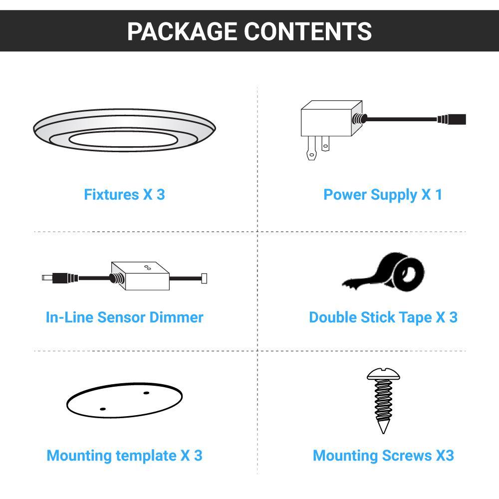 3Pc Slim Under Cabinet Puck Lighting Kit W/ 12V Adaptor - Wave Sensor Dimming - 3x3.5 Watts - White - BUILDMYPLACE