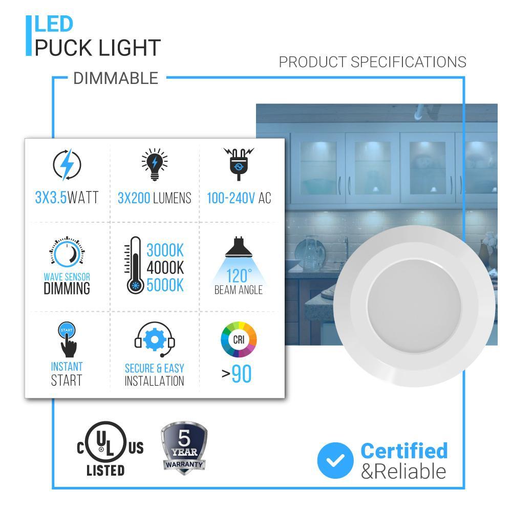 3Pc Slim Under Cabinet Puck Lighting Kit W/ 12V Adaptor - Wave Sensor Dimming - 3x3.5 Watts - White - BUILDMYPLACE