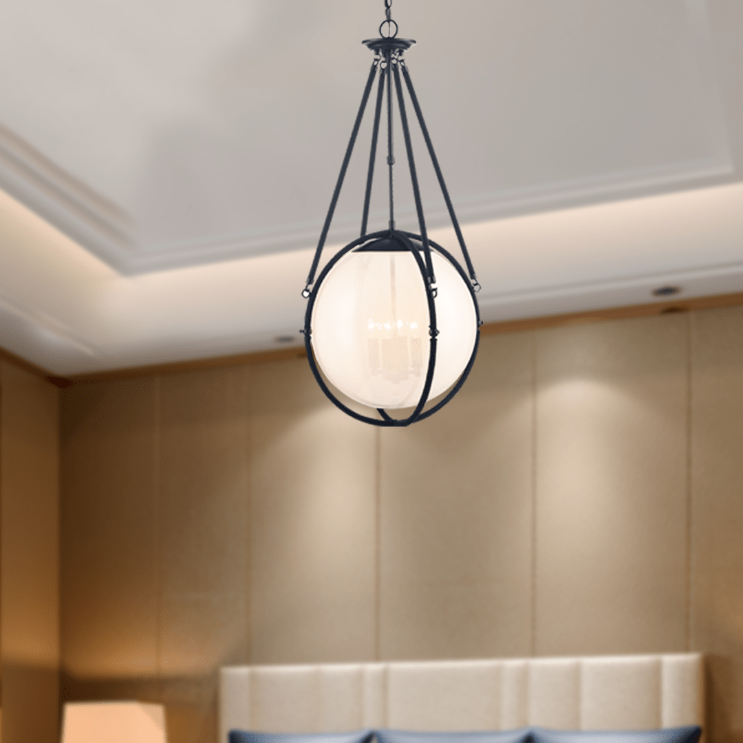 4 - Light Chandelier Light Fixture Black Finish Hardware with Black Rope and Translucency whilte glass ,E12 Base - BUILDMYPLACE