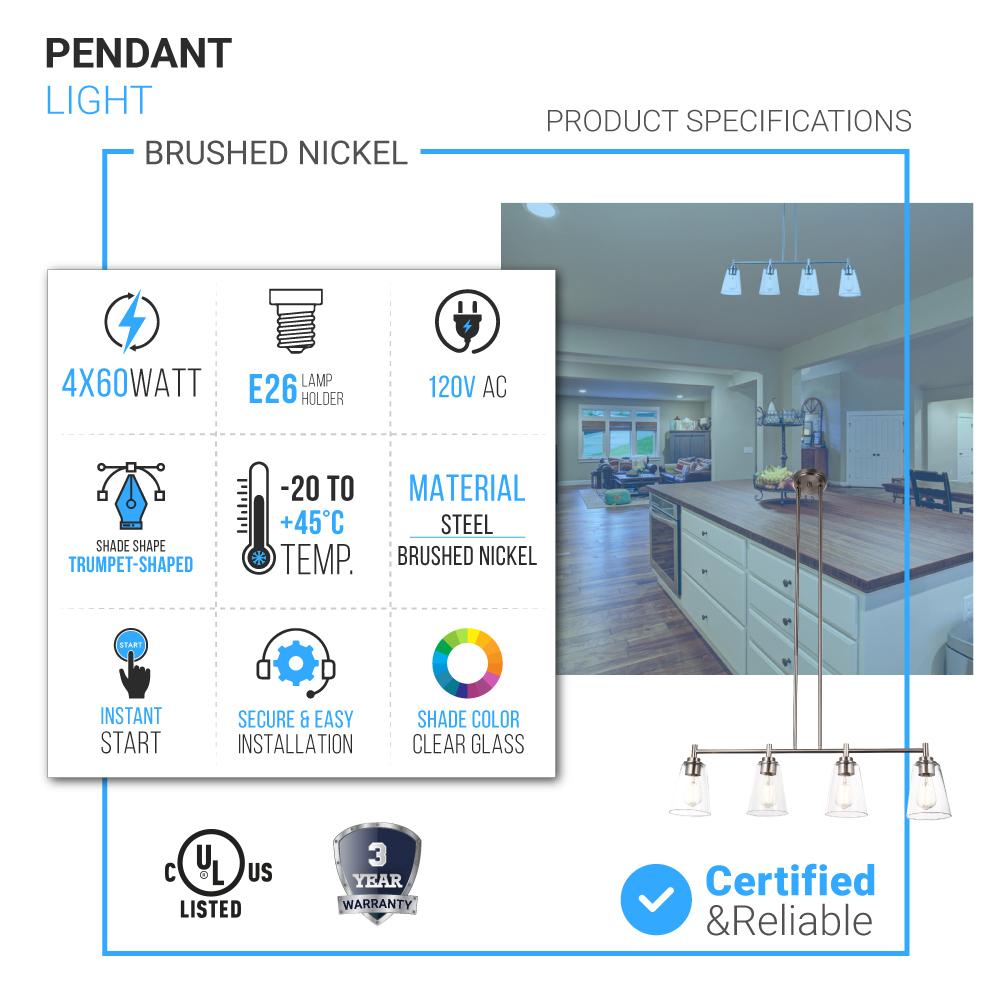 4 - Lights Island Linear Pendant Light with Clear Glass Shade, E26 Base, UL Listed for Damp Location - BUILDMYPLACE