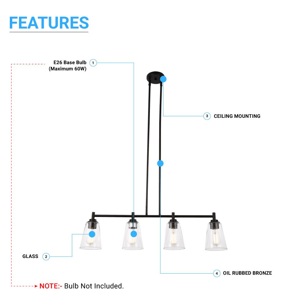 4 - Lights Island Linear Pendant Light with Clear Glass Shade, E26 Base, UL Listed for Damp Location - BUILDMYPLACE