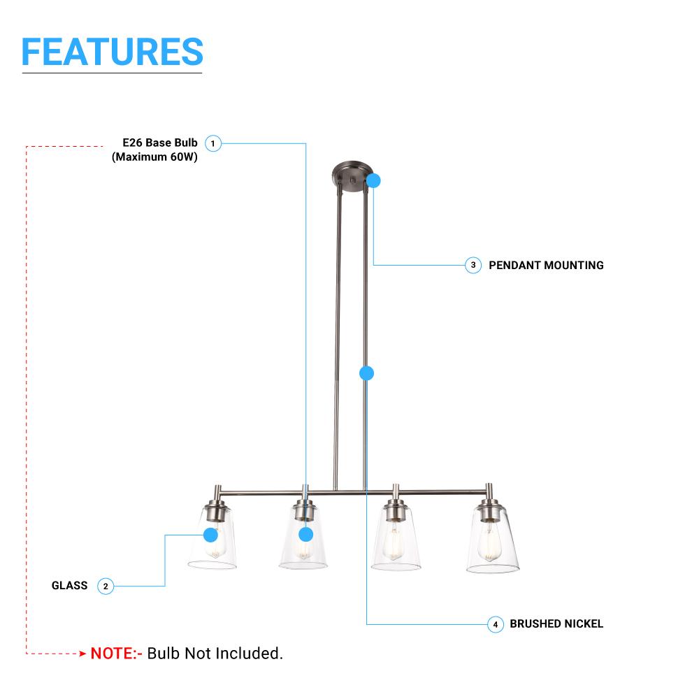 4 - Lights Island Linear Pendant Light with Clear Glass Shade, E26 Base, UL Listed for Damp Location - BUILDMYPLACE
