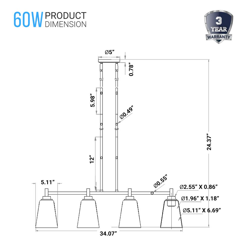 4 - Lights Island Linear Pendant Light with Clear Glass Shade, E26 Base, UL Listed for Damp Location - BUILDMYPLACE