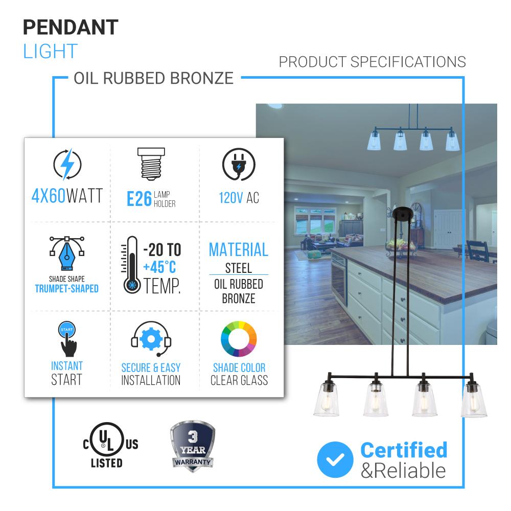 4 - Lights Island Linear Pendant Light with Clear Glass Shade, E26 Base, UL Listed for Damp Location - BUILDMYPLACE