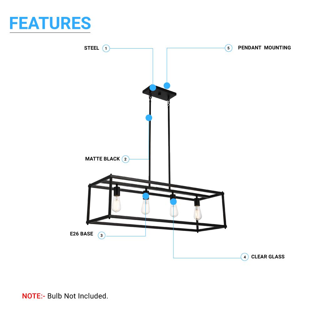 4 - Lights Linear Chandelier Light, For Damp Location, Open Frame Rectangle Chandeliers, E26 Base, UL Listed, 3 Years Warranty - BUILDMYPLACE