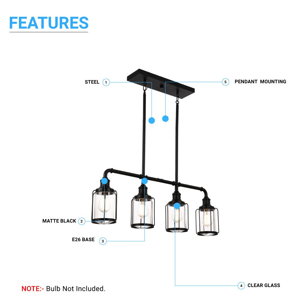 4 - Lights Linear Pendant Light with Clear Glass Shades, Matte Black Finish, UL Listed for Damp Location, E26 Base - BUILDMYPLACE